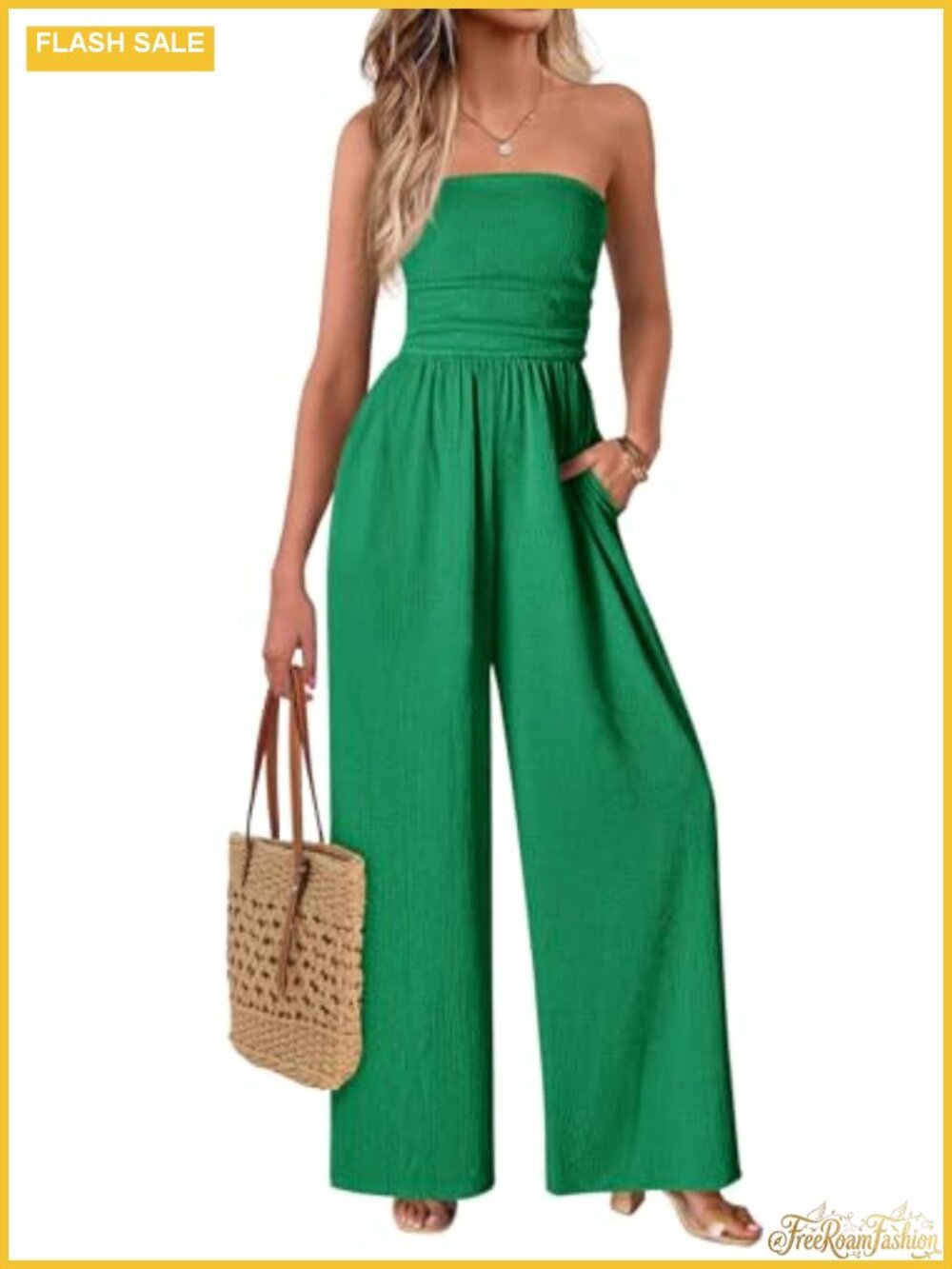 Strapless Wide Leg Jumpsuit with Pockets Ripple Texture Knit